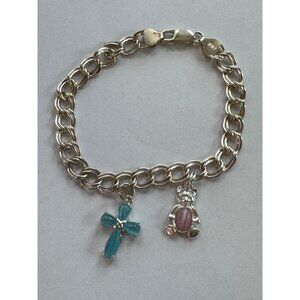 Size 7.75 Unbranded SterlingSilver Charm Bracelet w/Blue Cross & Pink Bear Charm